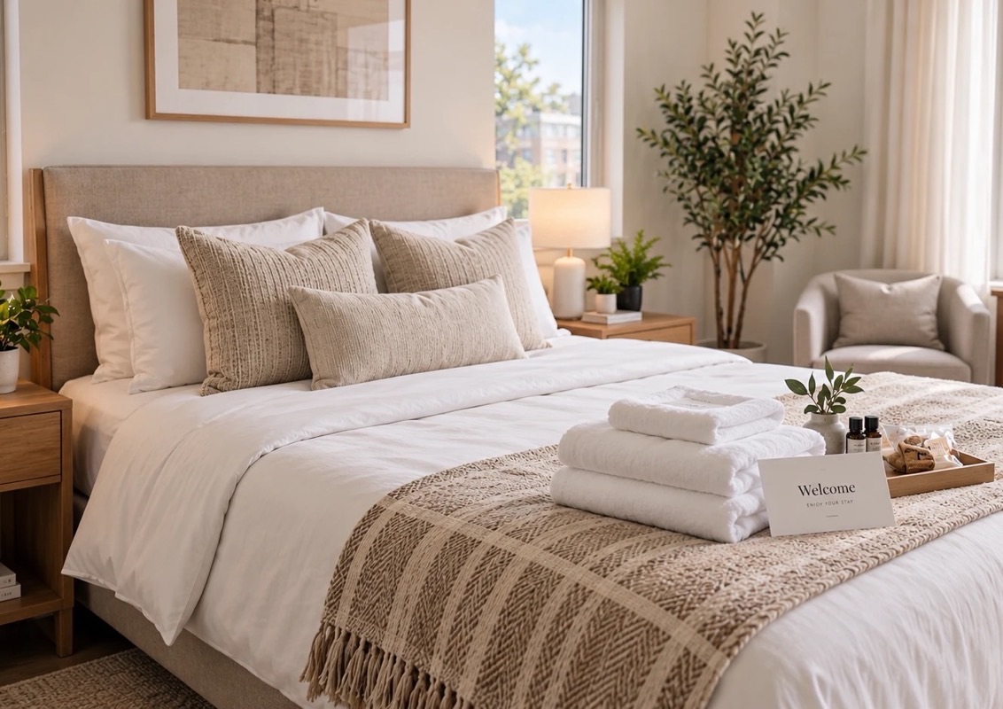 Guest-ready bedroom with fresh linen, folded towels and a welcome tray