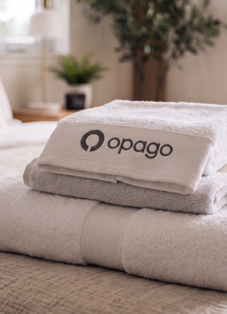 Opago-branded towels folded on a freshly made bed