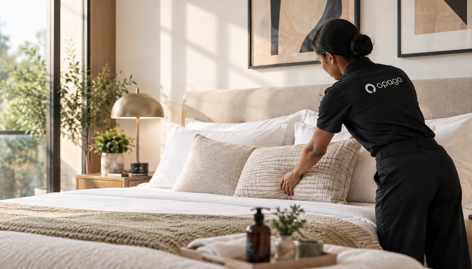 An Opago housekeeper making a bed